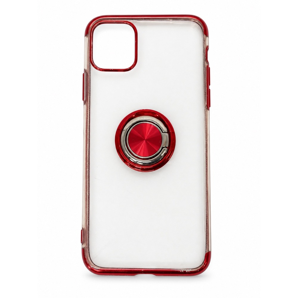 Clear iPhone Case with Metallic Red Bumper Rotating Ring Stand Kickstand 13-505